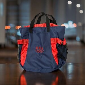 USA Olympics Patriotic Canvas Backpack Tote Blue Red Adjustable Straps Mesh Side